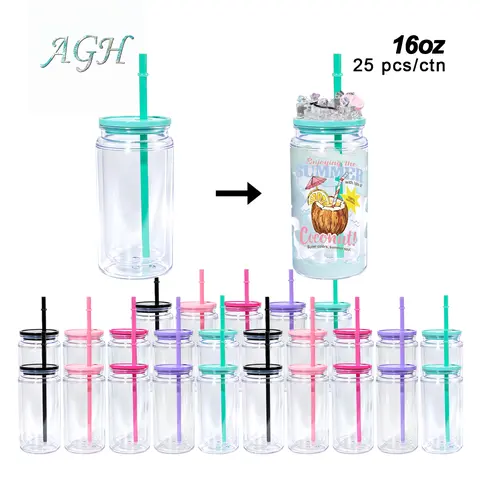 AGH 15/25pcs 16 oz Plastic Acrylic Cups with Lid Double Wall Tumblers Drinkware Can Pre Drilled Hole Plugs DIY Gift Wholesale Water Bottles Portable
