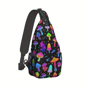 [Made in US] Crossbody Chest Bag with Neon Mushroom Pattern Durable Polyester Foldable Large Capacity for Hiking Shopping Work Leisure Travel Beach Fishing
