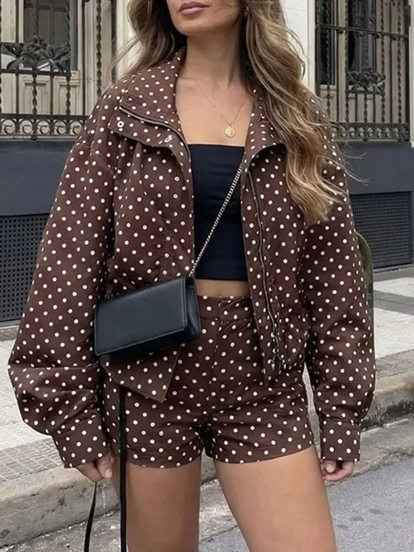 Women's Spring & Fall Fashion Polka Dot Bubble Jacket, High Neck Long Sleeve Zipper Front, Drawstring Hem Pocketed Coat Outerwear