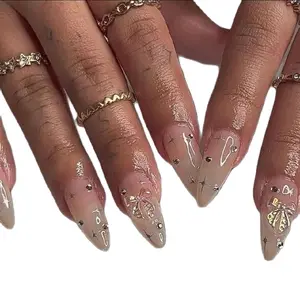 3D Bow Decor Nails, 24pcs/set Medium Long Almond False Nails Press Ons for Women and Girls.  Elegant Stick on Nails Manicure
