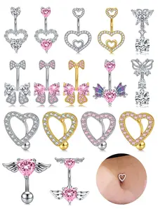 Heart Belly Button Rings Hypoallergenic 14G Bowknot Belly Rings Stainless Steel Cute Bow Navel Piercing Jewelry Silver Gold for Women Belly Piercing Rhinestone Belly Ring Body Jewelry