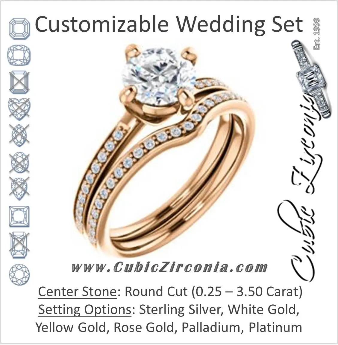CZ Wedding Set, featuring The Valeria engagement ring (Customizable Kite-setting Round Cut Center featuring Thin Pavé Band)