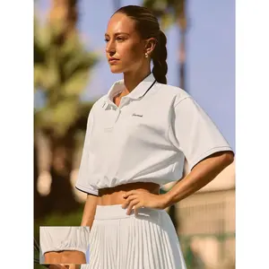 GLOWMODE Cotton Pique Clubhouse Relaxed Fit Contrasting Neckline Cuff Trim Adjustable Drawstring Hem Cropped Cinched Polo Top Tennis Golf Pickleball Daily Casual Wear