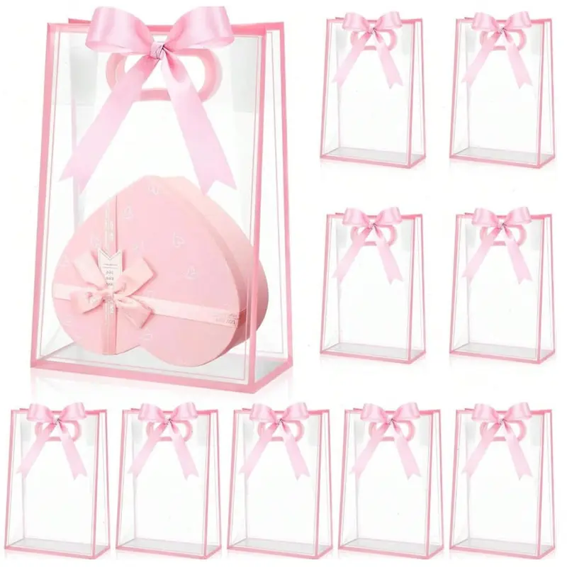 Transparent Gift Bags with Ribbon, Reusable PP Flower Pots for Weddings, Baby Showers, Birthdays, Graduations, 7x10x3.15 Inches ()