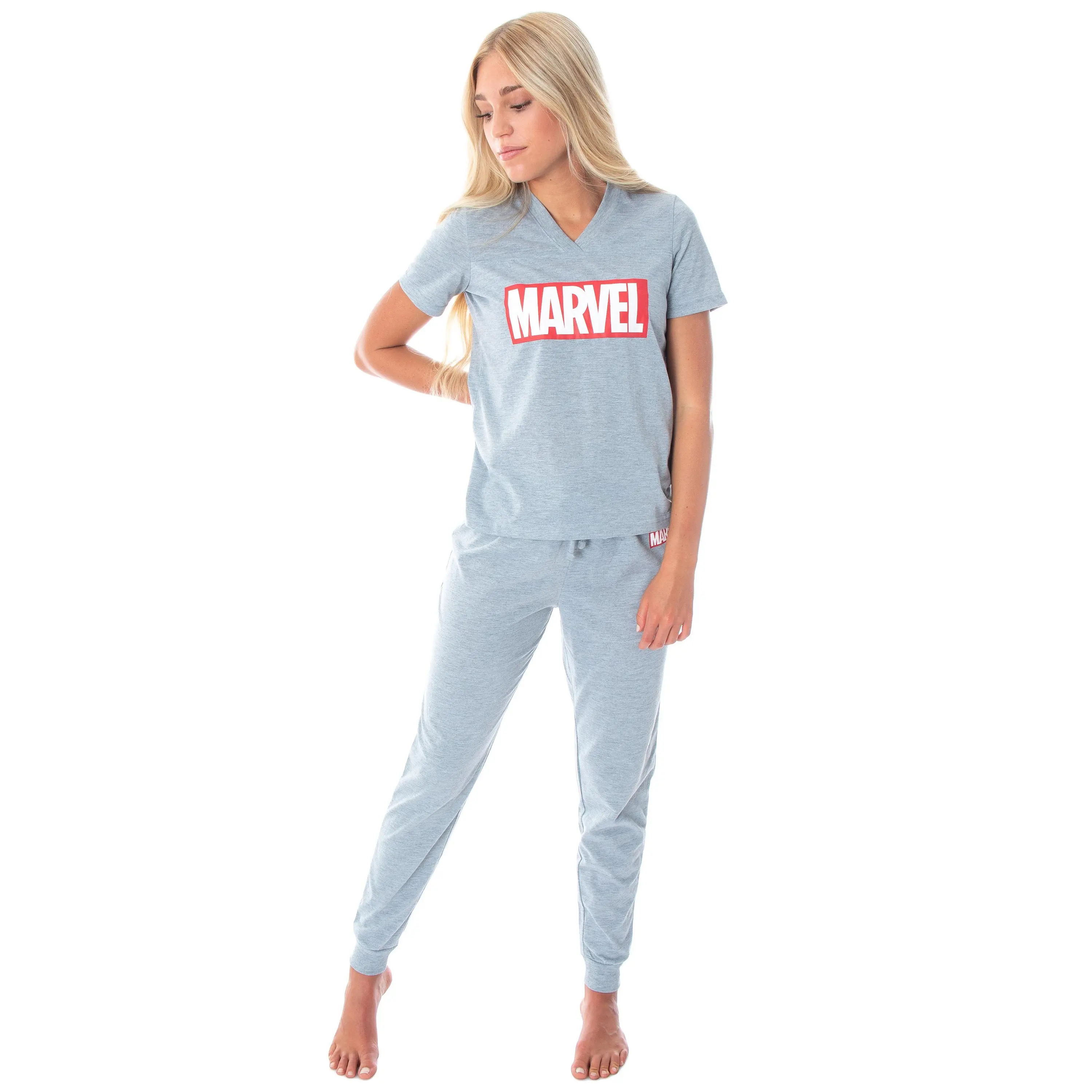 Marvel Comics Women's Brick Logo Athletic V-Neck Shirt And Jogger Pants 2 Piece Pajama Set