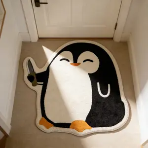 Unique Penguin Print Carpet Rug, Creative Anti-Contrast Fashion Design, Washable Plush Mat for Living Room Bedroom Entryway
