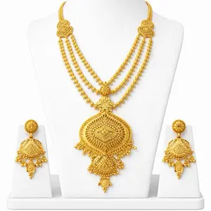Indian Long Necklace Set with Intricate Gold Plated Design for Traditional Wear Includes Matching Earrings Ideal for Special Occasions