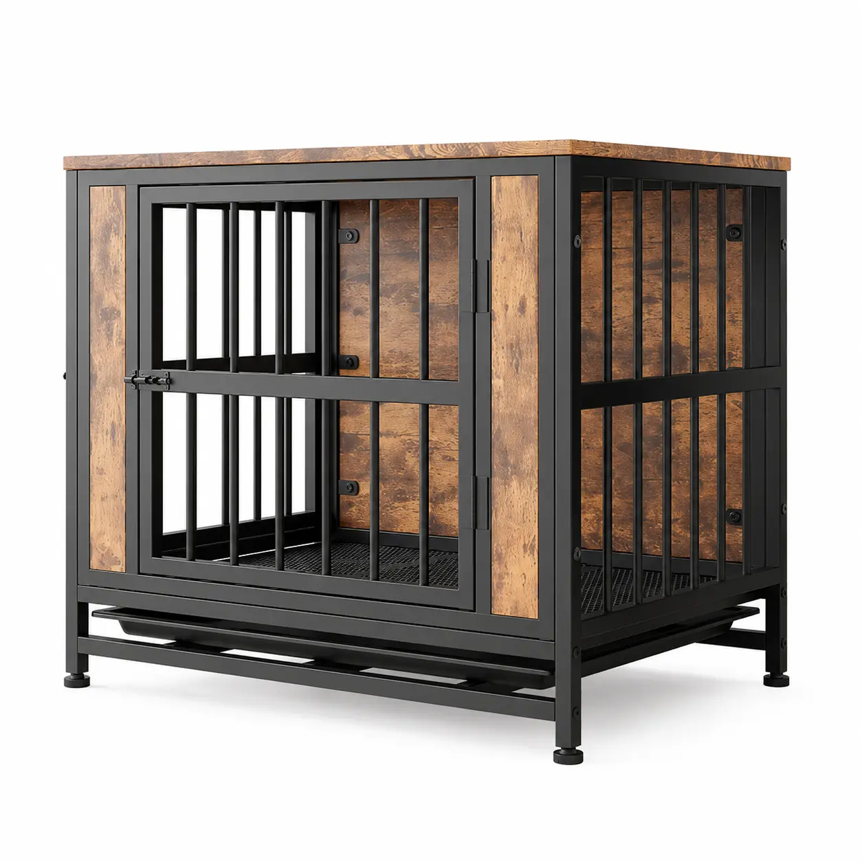 Dog Crate Furniture,  Wooden Dog Crate Table, 27.48" Dog Kennel with 2 Sliding Doors and Thick Iron Door Frame, Decorative Pet Crate House for Small Dog Indoor Use(Rustic Brown)