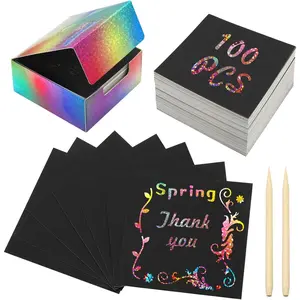 KSIWRE 100 PCS Magic Rainbow Glitter Scratch Art Notes,Cool Scratch Paper for Teens,3.3"x3.3" Blank Scratch Art Set for DIY Crafts,with 2 Painting Templates and 2 Scratch Pen