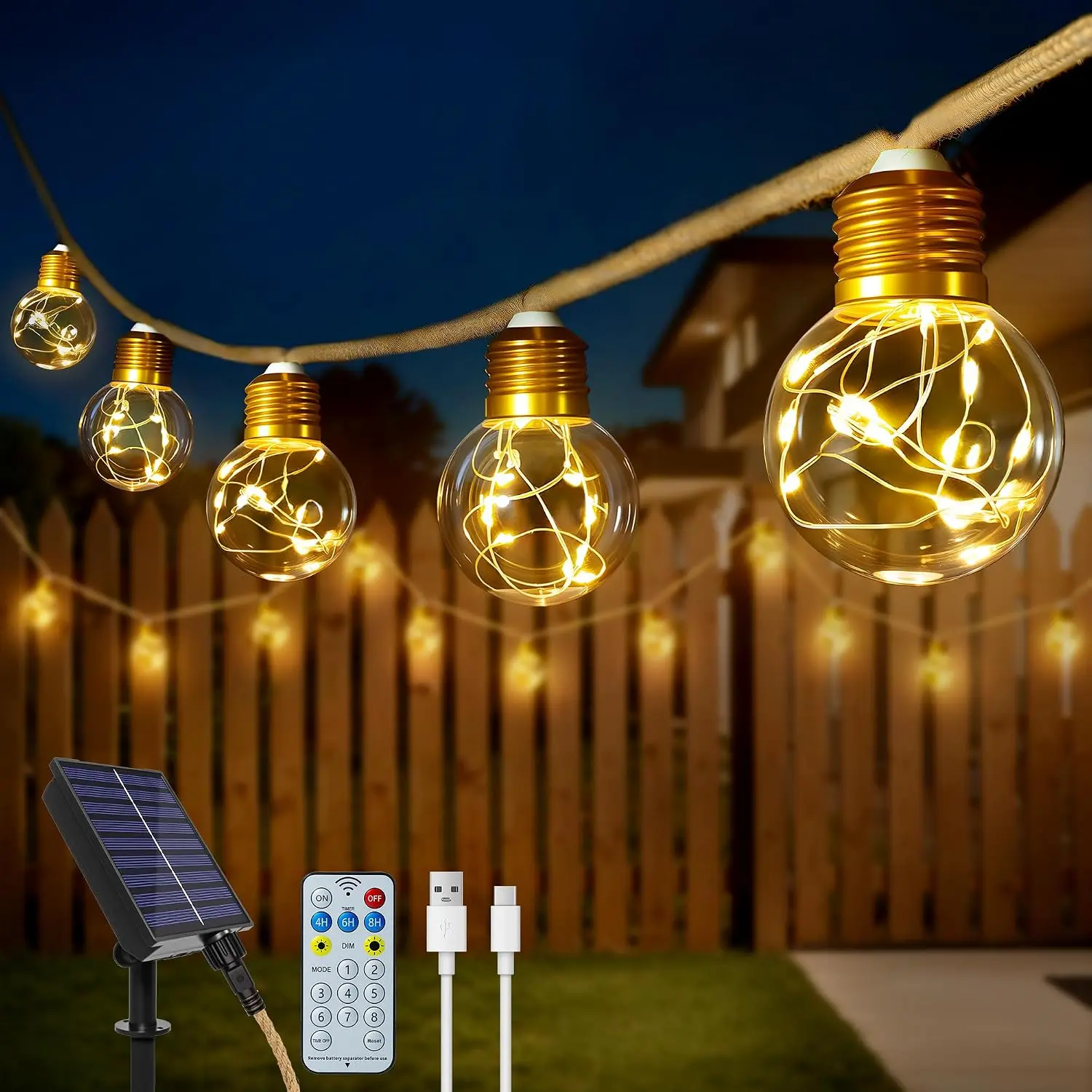Ollny 26FT Solar String Lights Outdoor, Waterproof Patio Lights with Remote Control, 16 LED Shatterproof Bulbs, 8 Modes Memory Function & Dimmable Timers Vintage Hemp Rope Lights for Garden Bistro Fence Tent Party Decoration