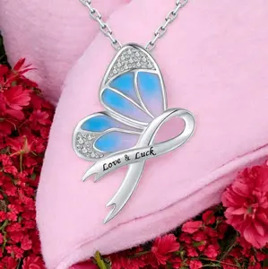 Platinum 925 Sterling Silver Gradient Butterfly Awareness Ribbon Pendant Necklace