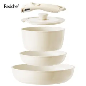 【New Year Sale】Redchef Ceramic Pots and Pans Set, Nonstick Kitchen Cookware Set with Detachable Handle, Non-Toxic 5-Piece Cookware Set, PFAS PFOA & PTFE Free, RV Ceramic Cookware Set for Camping, Dishwasher & Oven Safe