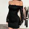 Women's Off-Shoulder Long Sleeve Lace Mini Dress, Fall Winter Women's Dress, Slim-Fitting Sexy Elegant Style, Batch No:20260608, China Made