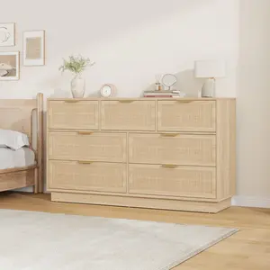 7‑Drawer Rattan Dresser for Bedroom, 55″ Wide Boho Chest of Drawers with Integrated Cabinet Body & Legs Design – Wooden Dressers Organizer for Hallways, Entryways, Closet
