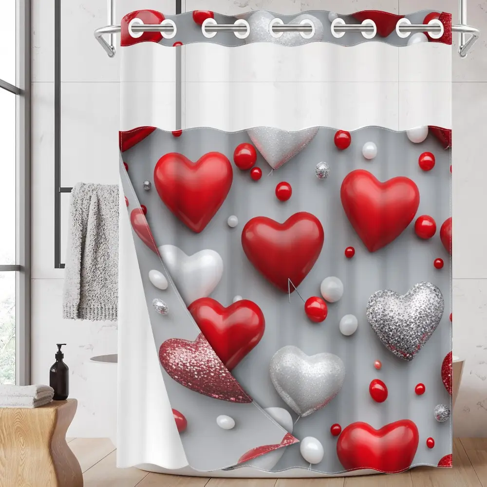 1pc hookless shower curtain with buckle lining, Valentine's Day red, white and silver heart embellishment design, 2D flat printing, fabric waterproof lining, see-through double-layer shower curtain, 71 x 74 inches, modern home draping curtain.