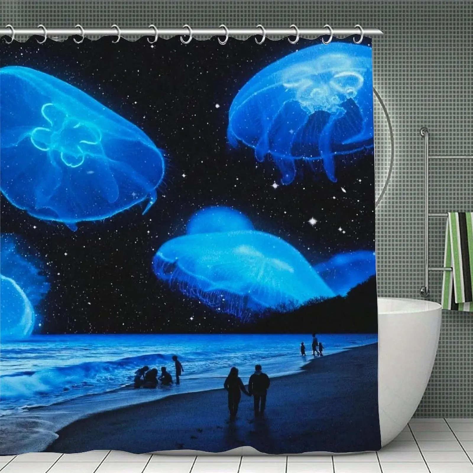Glowing Blue Jellyfish Starry Beach Scene Shower Curtain
