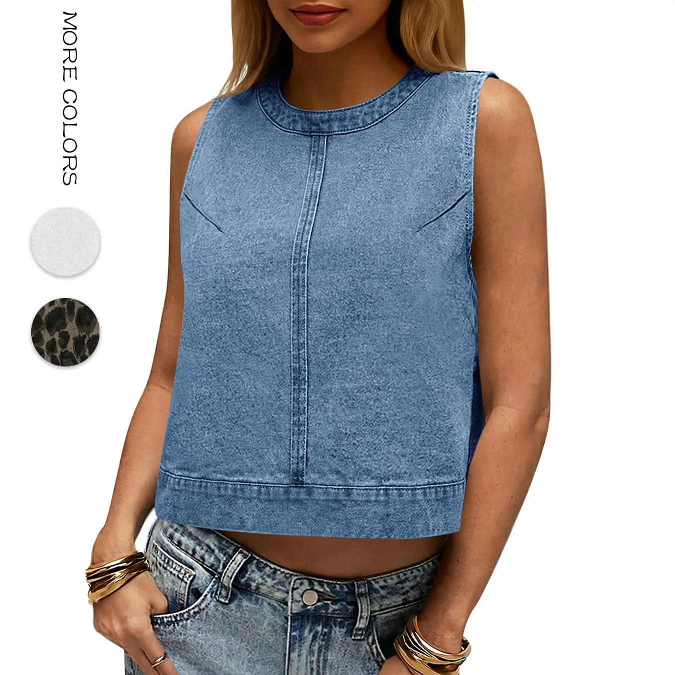 Aswulk Women Cropped Denim Tank Top Crew Neck Sleeveless Loose Fit Jean Vest Summer Casual Daily Wear