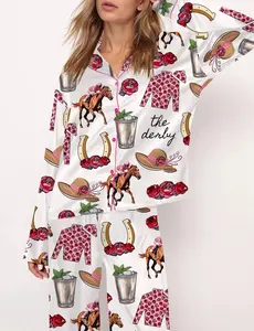 Kentucky Derby Party Satin Pajama Set For Women Long Lounge Set Sleepwear