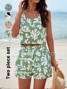 women's all over print crop tank top & shorts two-piece set, boho casual sleeveless top & shorts for summer, summer 2 piece set, ladies clothes for tropical beach vacation, womenswear, casual outfits women, cute two piece sets
