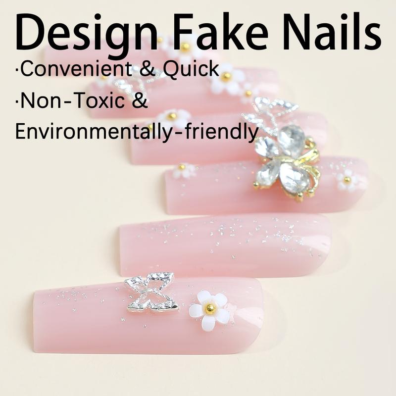 12Pcs Long Press on Nails Coffin 3D Flower Fake Nails with 3D Alloy Butterfly Charms Design  Nails for  Stick on Nail Manicure for Women Girls Rechargeable Electric Nail Clippers with Light