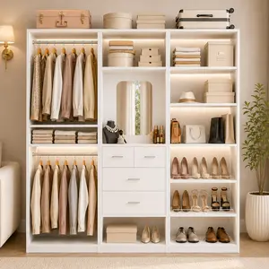 Modular Wood Closet System, Modern Clothes Armoire Walk-in Closet Organizer Wardrobe Cabinet with Drawers and Adjustable Shelves for Bedroom Furniture