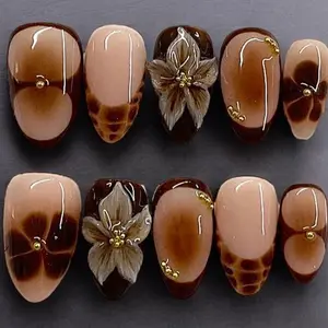 S28 Katy Nails - Earthy Mocha Bloom Press-On Nails, 3D Chocolate Brown Flowers, Gold Stud Accents, Nude Base, Handmade Nail Art, Fall Vibes, Elegant Neutral Set, Gifts for Her