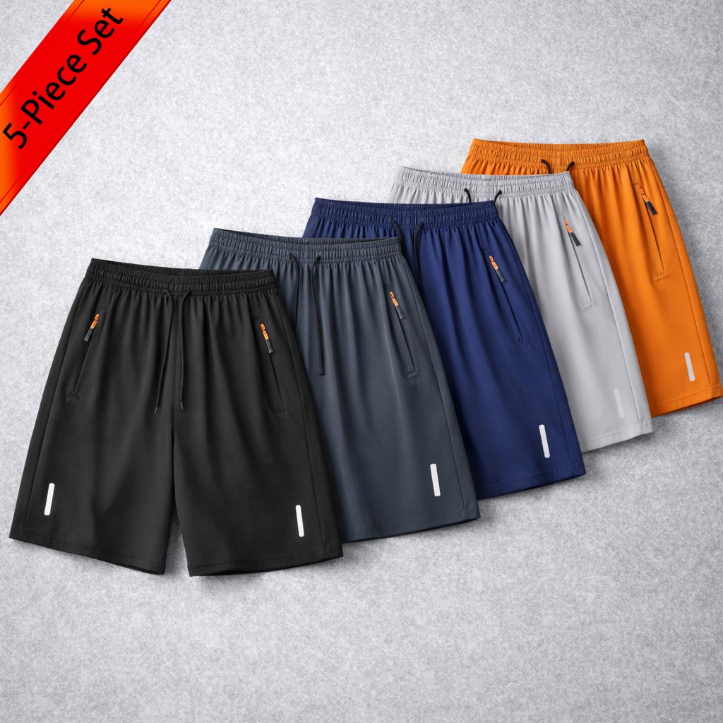7-pack men’s ice silk quick-dry athletic shorts featuring zippered pockets and contrasting zipper head design; breathable, lightweight ice silk summer shorts for fitness, running, and casual wear—an essential for workouts and comfortable for home wear in