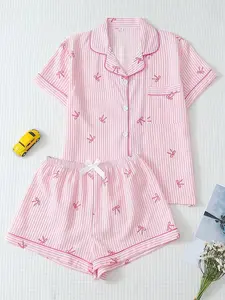 MONASWEET Blue Striped Pajama Set Heart Collar Bow Shorts Sleepwear Coquette Aesthetic