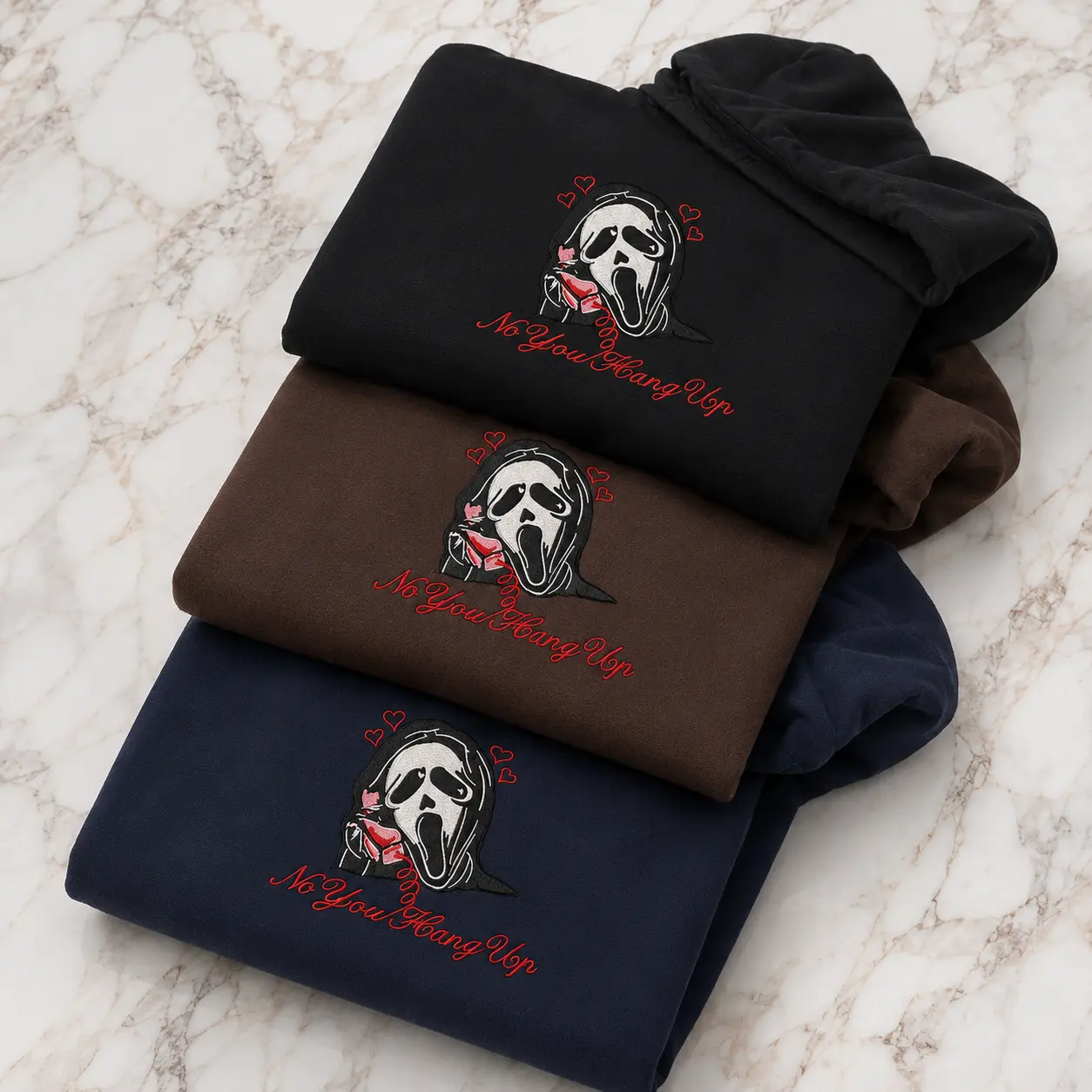 No You Hang Up Embroidered Horror Sweatshirt, Ghostface Phone Call Spooky Valentine Hoodie