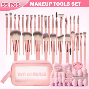 55pcs Face Makeup Tool Set, 30pcs Makeup Brushes & Toiletry Bag & Hair Tie & 2pcs Wrist Strap & 5pcs Large Makeup Sponge Powder Puff & 5pcs Fan Powder Puff & 5pcs Mini Makeup Sponge & 5pcs Thumb Powder Puff & Bowl Brush