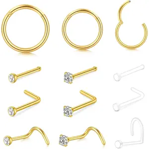 20G Nose Rings Hoops Studs, Stainless Steel Round CZ L Shaped Nose Screw Straight Studs,   Double Nose Hoops, Clear Nose Rings For Women Men Nostril