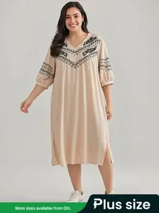 Plus Size Boho Ethnic Style Embroidered Dress, Loose Fit V Neck Long Skirt, Casual Vintage Women's Clothing for Spring & Fall Seasons