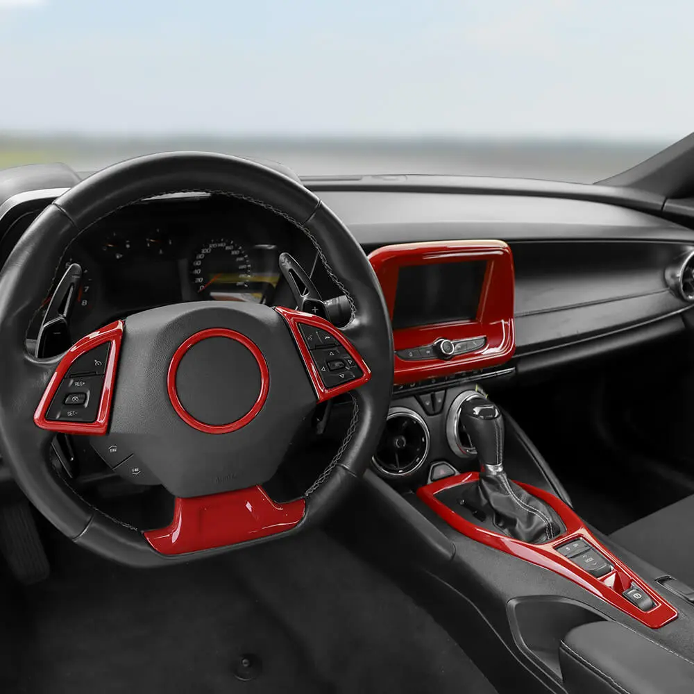 2017+ Chevy Camaro Multi-Piece ABS Decal Sticker Set, Cars Accessories for Car Decoration Interior - Steering Wheel, Gear Shift Panel, Large/Small GPS Screen Decals, Fade-Resistant, Pre-Pasted, DIY Installation, Scratch Protection