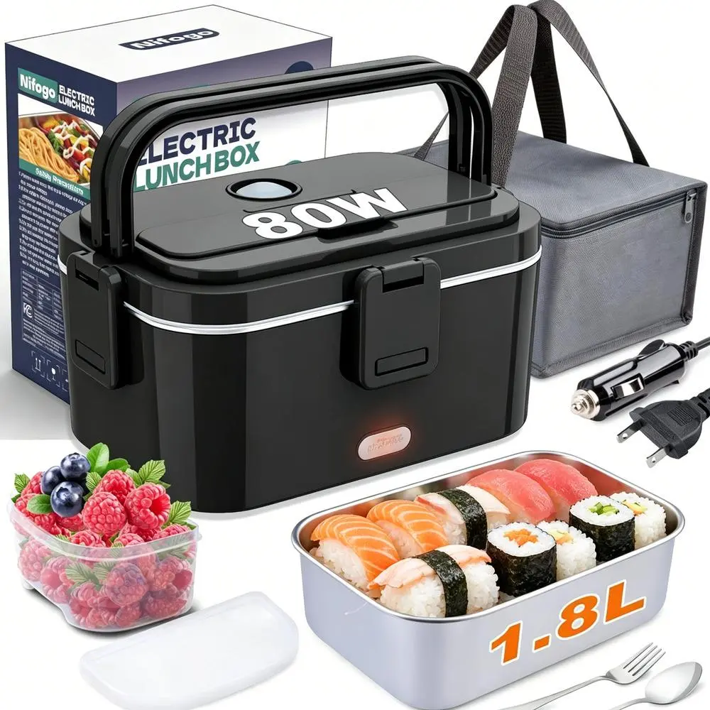 Travel Portable Heated Electric Bento Box 1.5L To 3.5L 304 Food Grade Steel, 12V Vehicle 110V Household Dual Power With Lunch Bag & Utensils Heater, Lunch Boxes, Meal Prep Containers, Stainless Steel Lunch Box