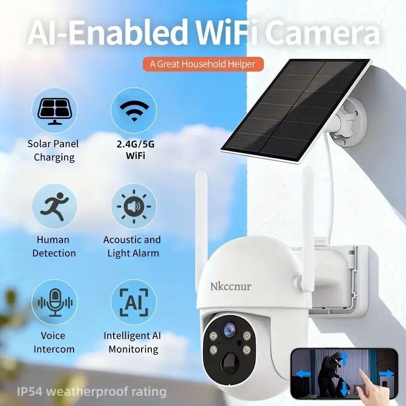 NKCCNUR 1pc Outdoor Waterproof Solar Powered Camera,  HD , AI Smart Motion Detection, Sound & Light Alarm, Two-Way Audio, IP54 Waterproof, Ideal for Home & Farm Use