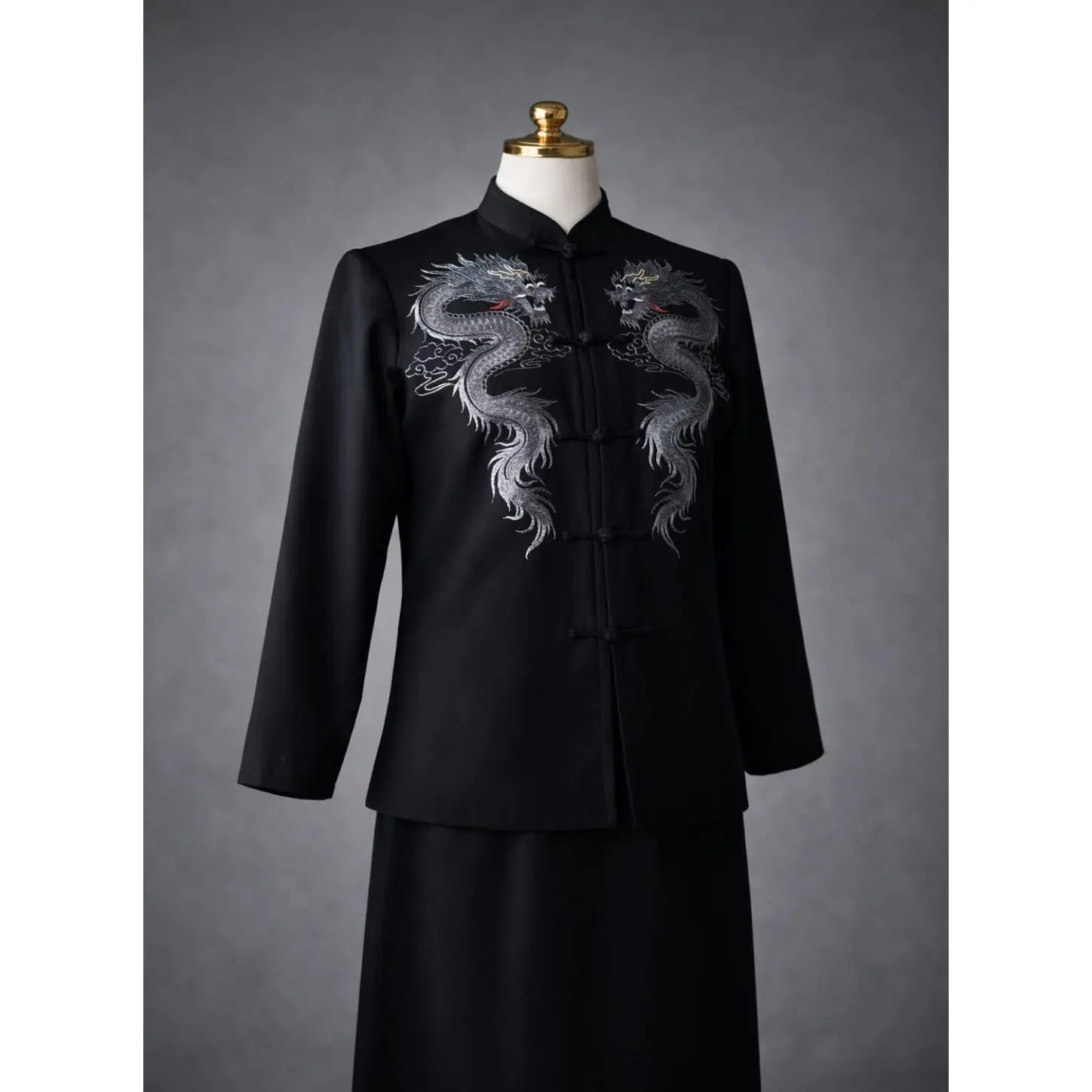 Bespoke Black Silk Tang Suit — Silver Double Dragon Hand Embroidery