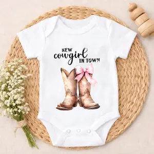 Baby Bodysuit Cowboy Boots With Pink Bow Print 100% Pure Cotton Non-Irritating Snap Closure Breathable Perfect For Gifting & Everyday
