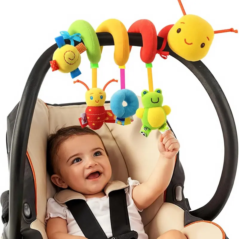 Spiral Plush Hanging Toy - BPA-Free Baby Item for 0-12 Months, Safety-Tested with Gentle Jingle Tones, Interactive Details for Learning, Fits Car Seats/Strollers/Crib Rails, Animals & Nature Themed Sensory Gift