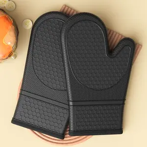 Silicone Oven Gloves 2 Pack, Heat Resistant Oven Mitts with Cotton Lining, Non-Slip Honeycomb Grip, Black