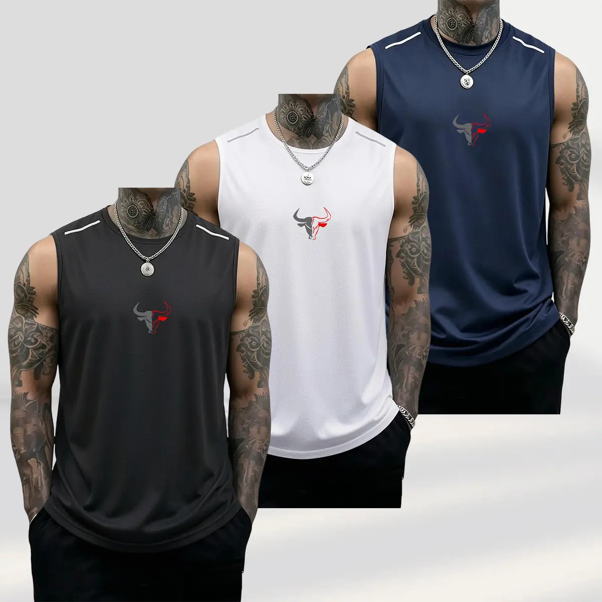 Men's 3-Pack Sleeveless Athletic Vests with Bull Image Graphic, Casual Polyester Muscle Tank Tops for Summer Fitness, 3Pcs, Father’s Day, Black + Light Gray + Red, Sleeveless Athletic Top Vests, Bodybuilding, Male, Breathable Sports Vest, Fashion Gym Top