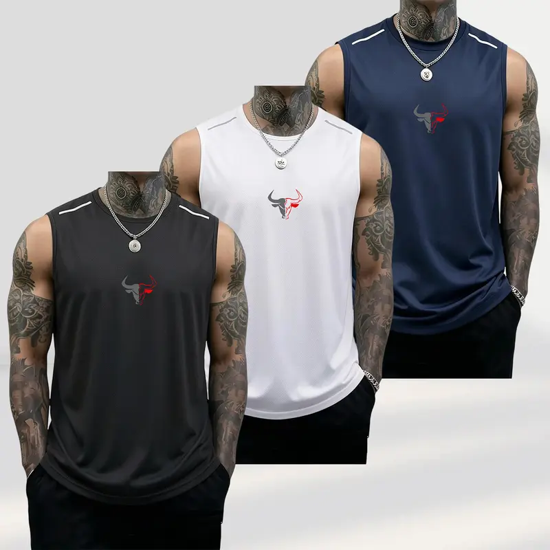 Men's 3-Pack Bull Image Graphic Sleeveless Polyester Jacket Vests - Athletic Fitted Dryfit Active Top, Casual Comfy Men's Clothing for Summer Gym Workout Fitness