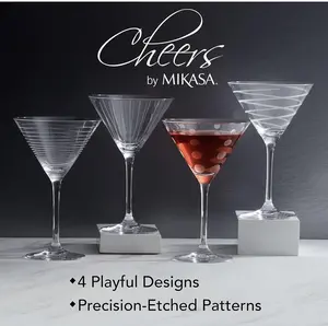 Mikasa Cheers 10-Ounce Martini Glasses Fun Etched Designs Durable Clear Glass Cocktail Glassware Set of 4 Perfect for Entertaining and Gifting
