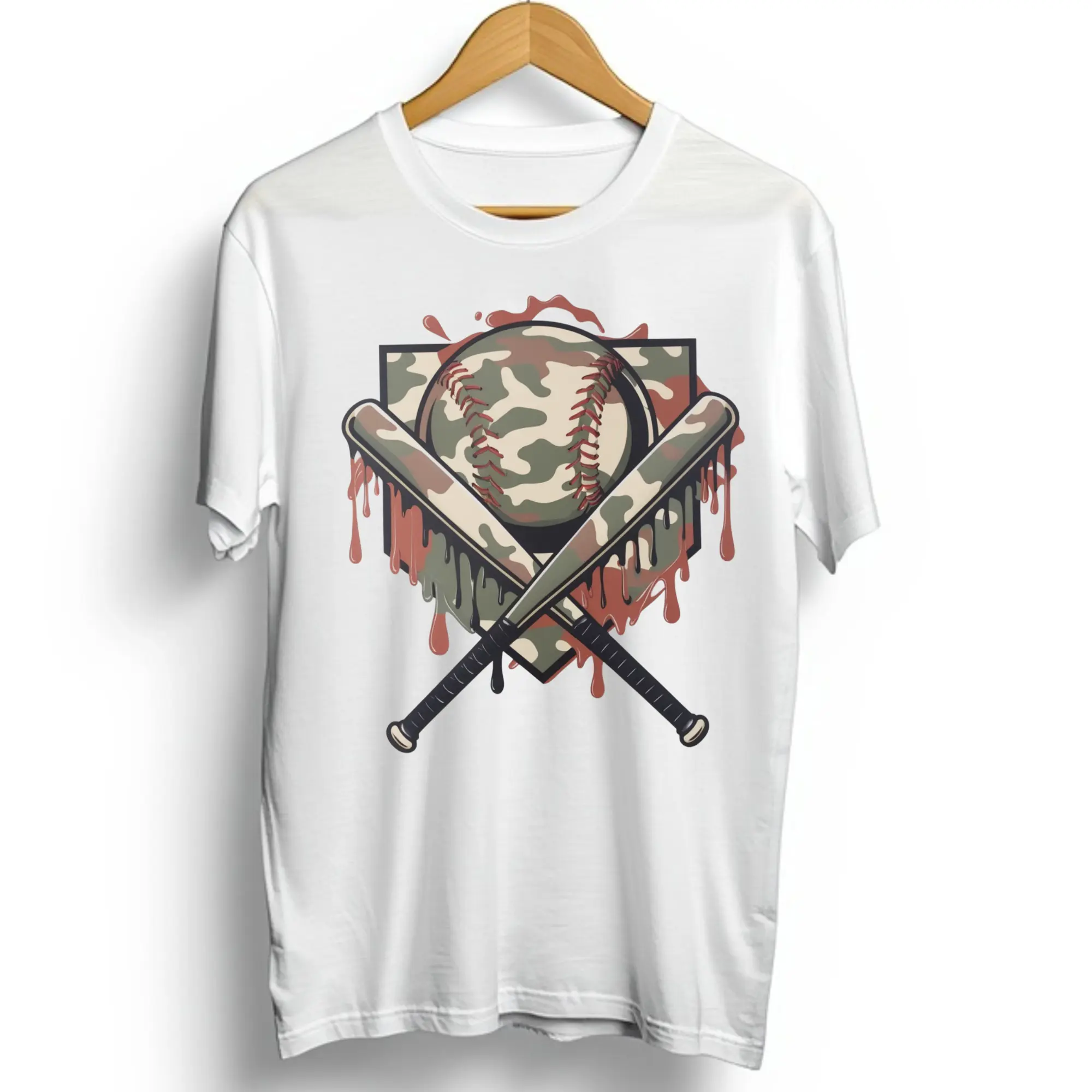 Camo Dripping Baseball Base and Bat Direct To Film Print, DTF Print, Ready To Press Print For T-Shirts
