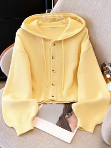 Women's Fall Winter Hooded Cardigan, Casual Button Front Short Sweater Coat, Simple Style Knitwear for Daily Wear