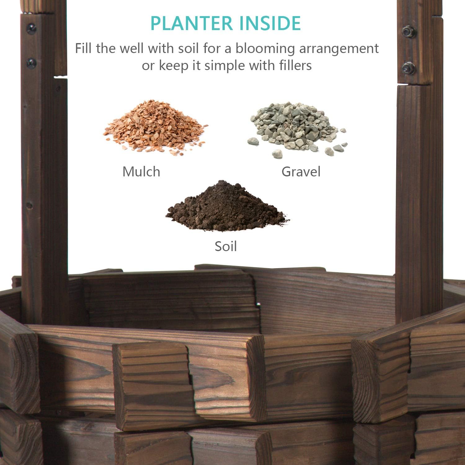 Aoxun Wooden Wishing Well Planter with Hanging Bucket for Flower and Plants Indoor and Outdoor, Rustic Flower Planter Patio Garden Ornamental, Home Decor, Brown