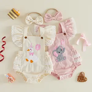 Imcute Infant Baby Girls Birthday Romper Cute Goose/Elephant Embroidery Flutter Sleeves Jumpsuit and Headband Set Clothes