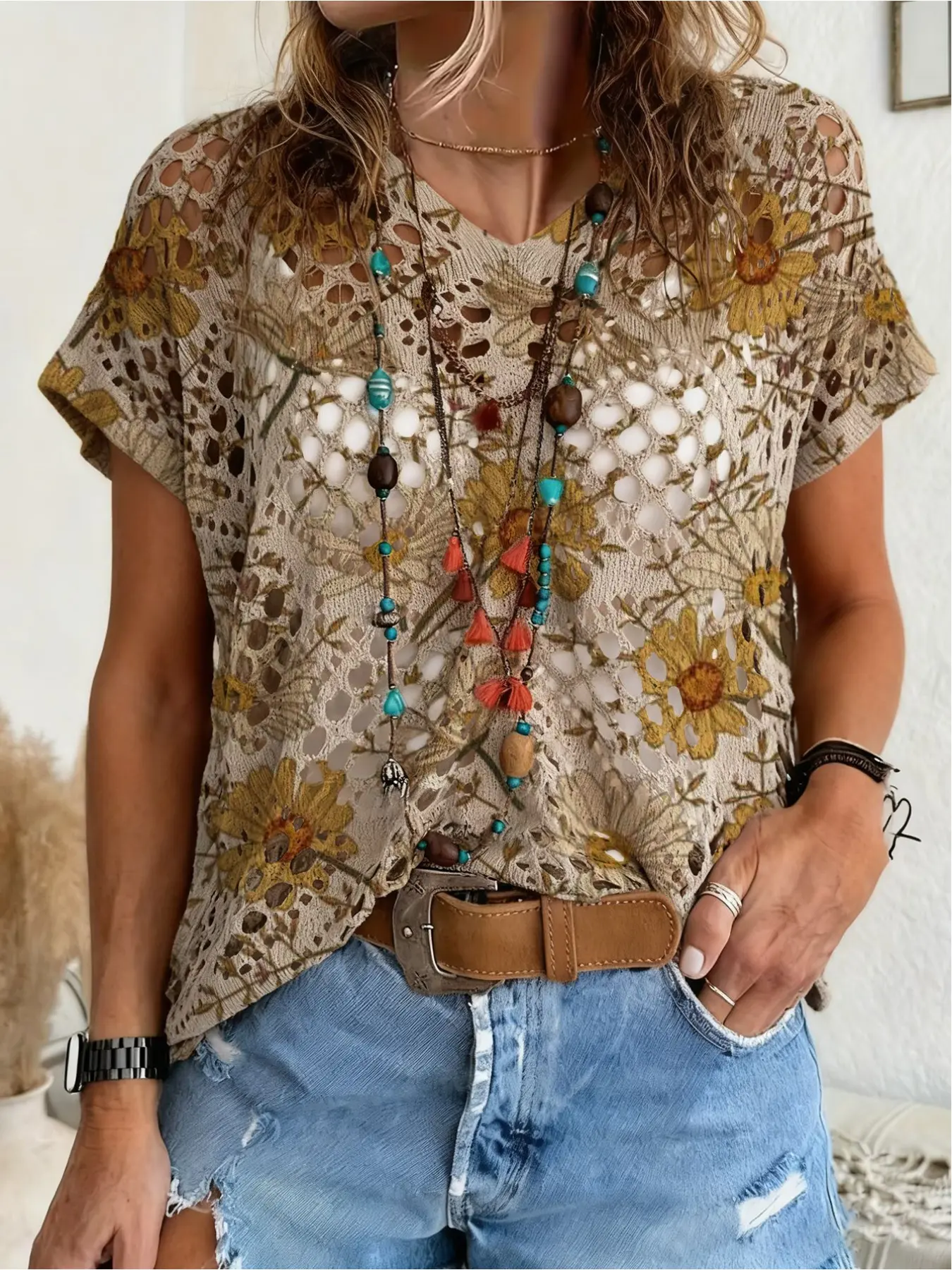 Spring/Summer V-neck diamond hollow loose batwing short sleeve cover-up, contrast color floral and plant print women's knitted top, vacation style, casual and elegant for commute, women's vest cover-up, bikini cover-up, Bohemian vacation beach cover-up.