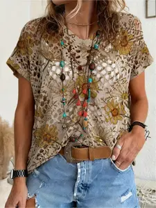 Spring/Summer V-neck diamond hollow loose batwing short sleeve cover-up, contrast color floral and plant print women's knitted top, vacation style, casual and elegant for commute, women's vest cover-up, bikini cover-up, Bohemian vacation beach cover-up.