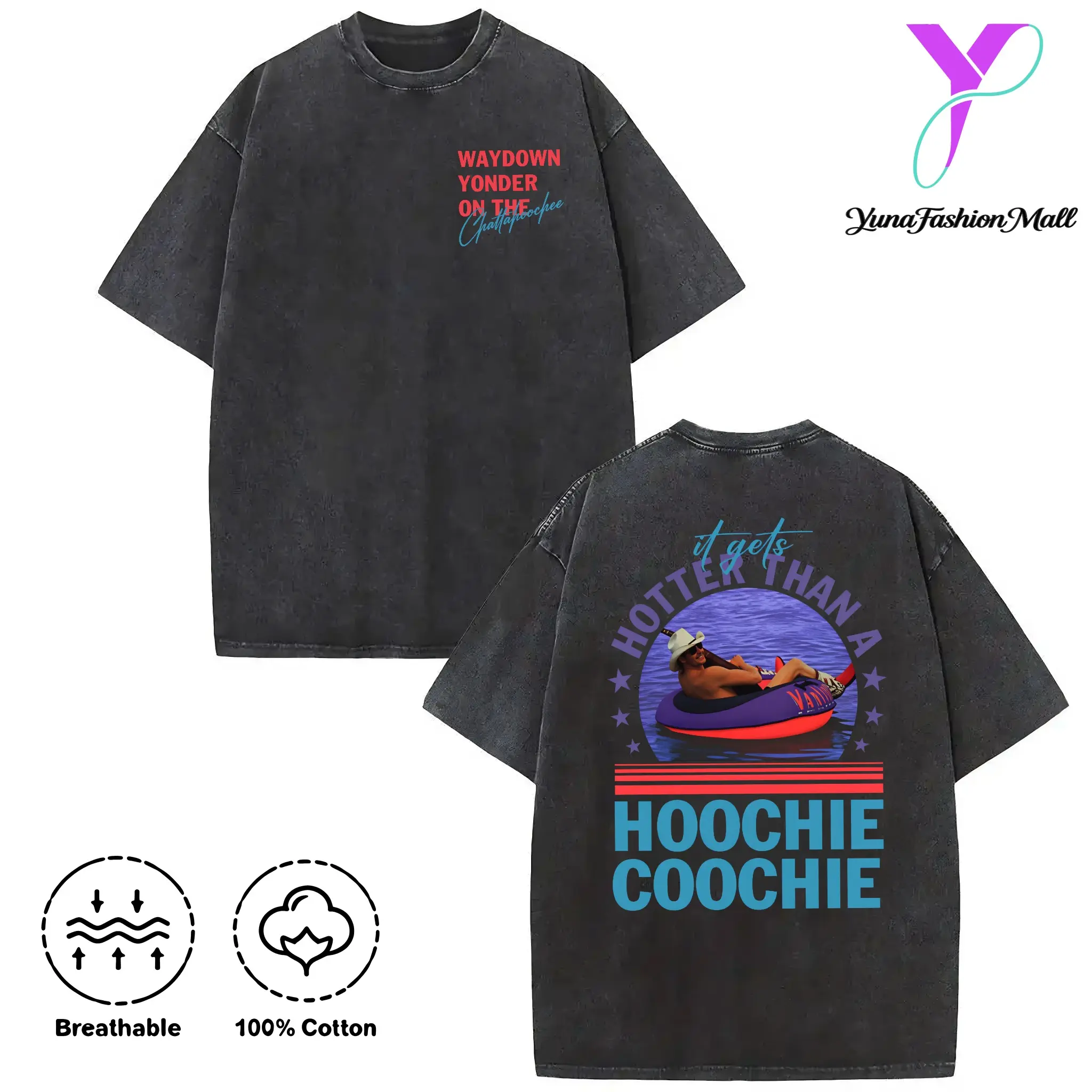 Men's 100% Cotton Vintage Graphic Tee - Washed Short-Sleeve, Double-Sided Printed, Round Neck, 90s Retro Meme "Hotter Than A Hoochie Coochie" Country Music Streetwear, Customizable Fabric Summer Top, Soft, Menswear, Men's Clothing, Vintage Shirts, Shoppin