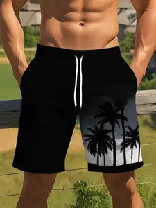 Men's Summer Beach Shorts with Drawstring Waist, Fashionable Palm Tree Print, Casual Fitted H-Type Hawaiian Shorts for Vacation